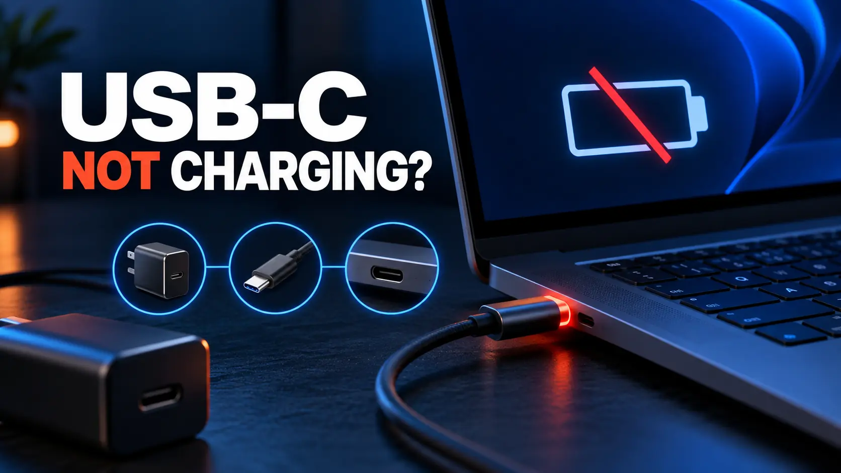 Laptop displaying a USB-C charging failure with charger, cable, and port troubleshooting symbols.