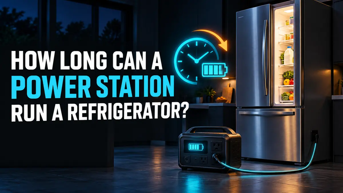 Portable power station connected to a refrigerator during an outage, illustrating refrigerator runtime.